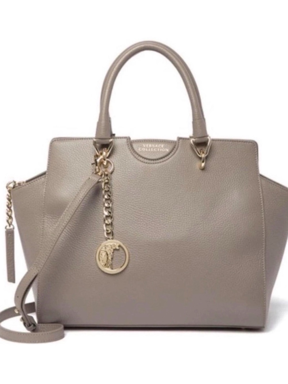 Versace Collection Saffiano Taupe Pebbled Leather Satchel with Gold Charm